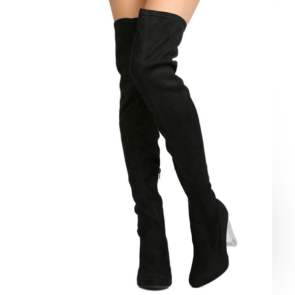 Wild Diva Blossom Faux Suede Thigh High Lucite Block Heel Boot, Size 7 - Picture 4 of 12